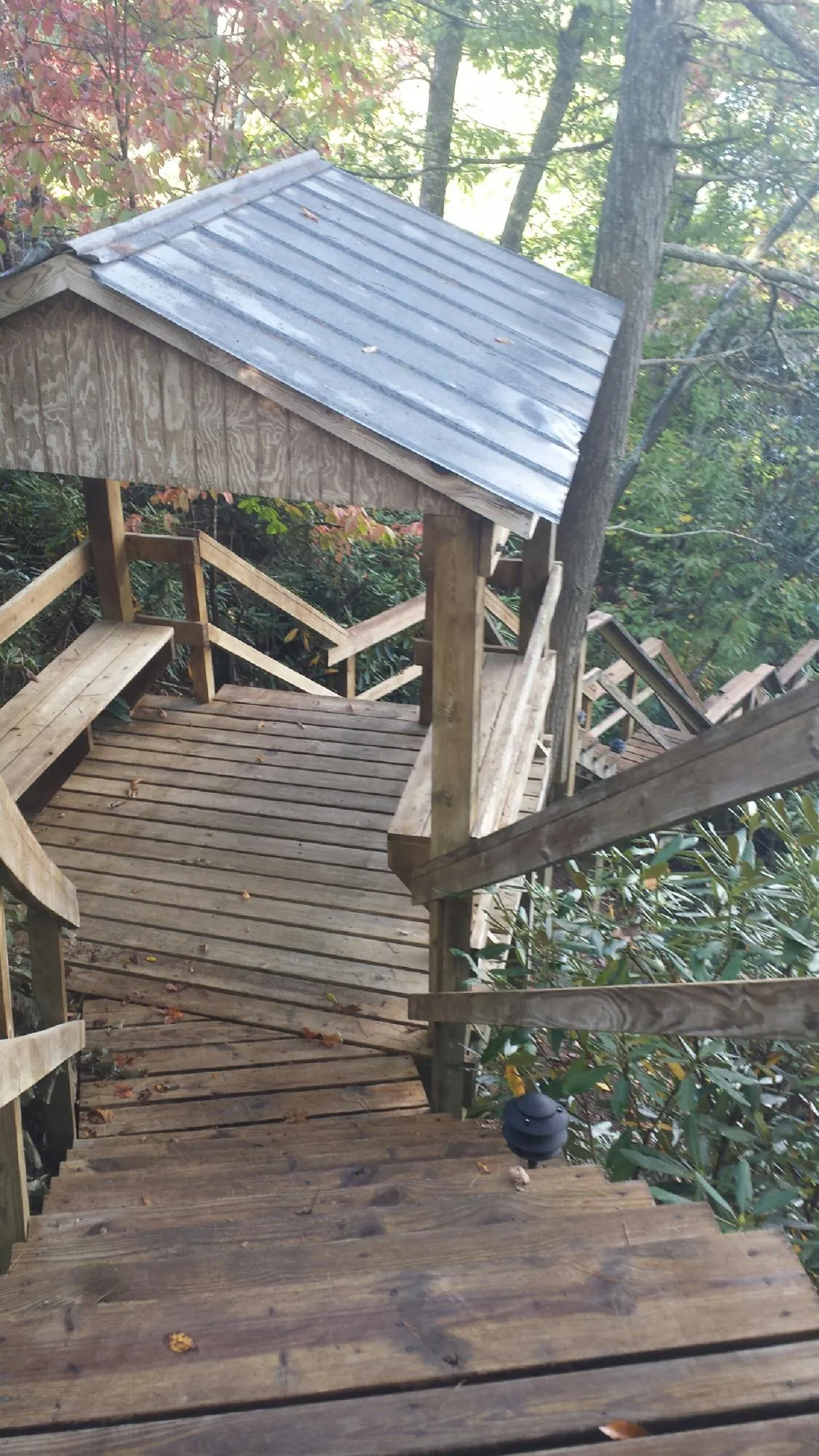 Metal roofed shelter over wooden steps on a wooded walkway — Skylight Repair & Installation work by our crew in Dexter City